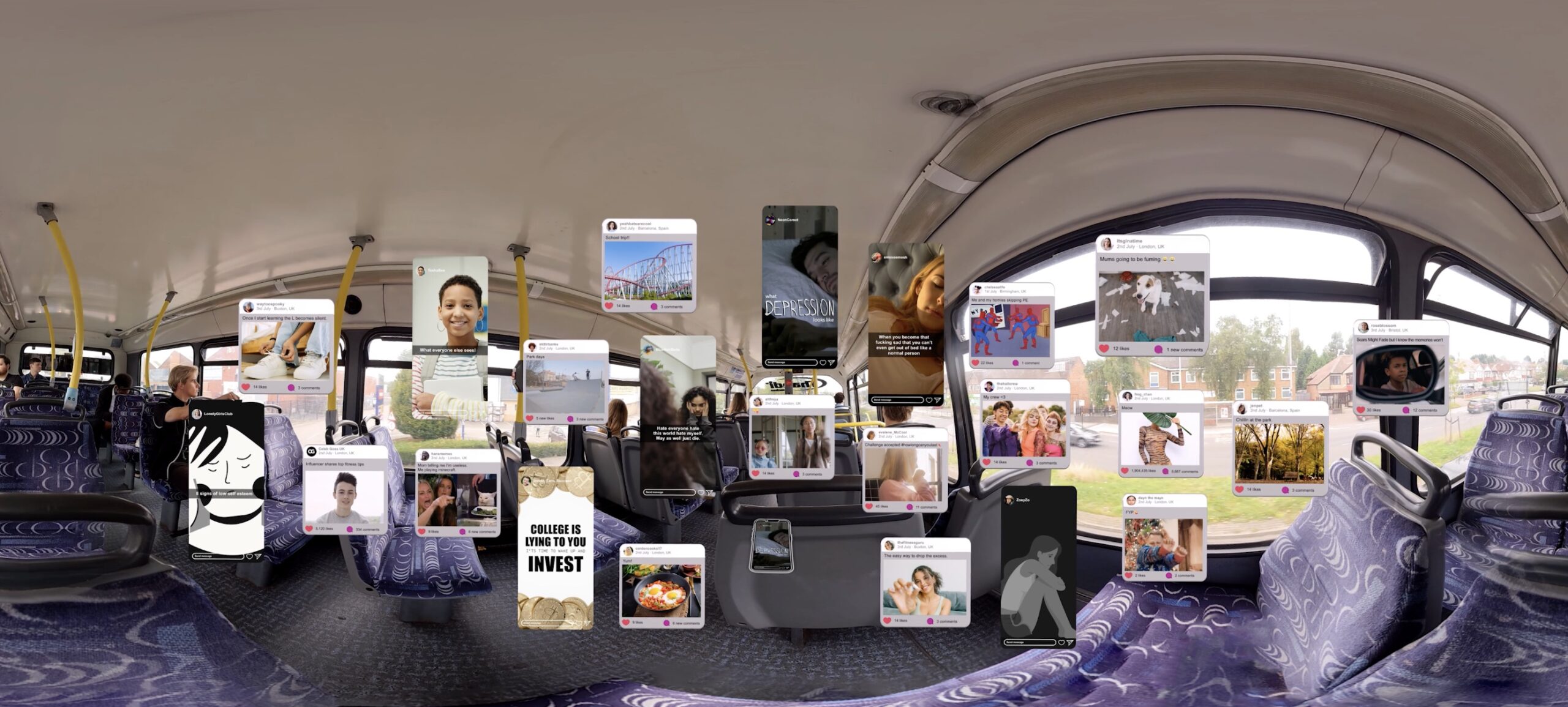 VR film with social media pop ups on bus