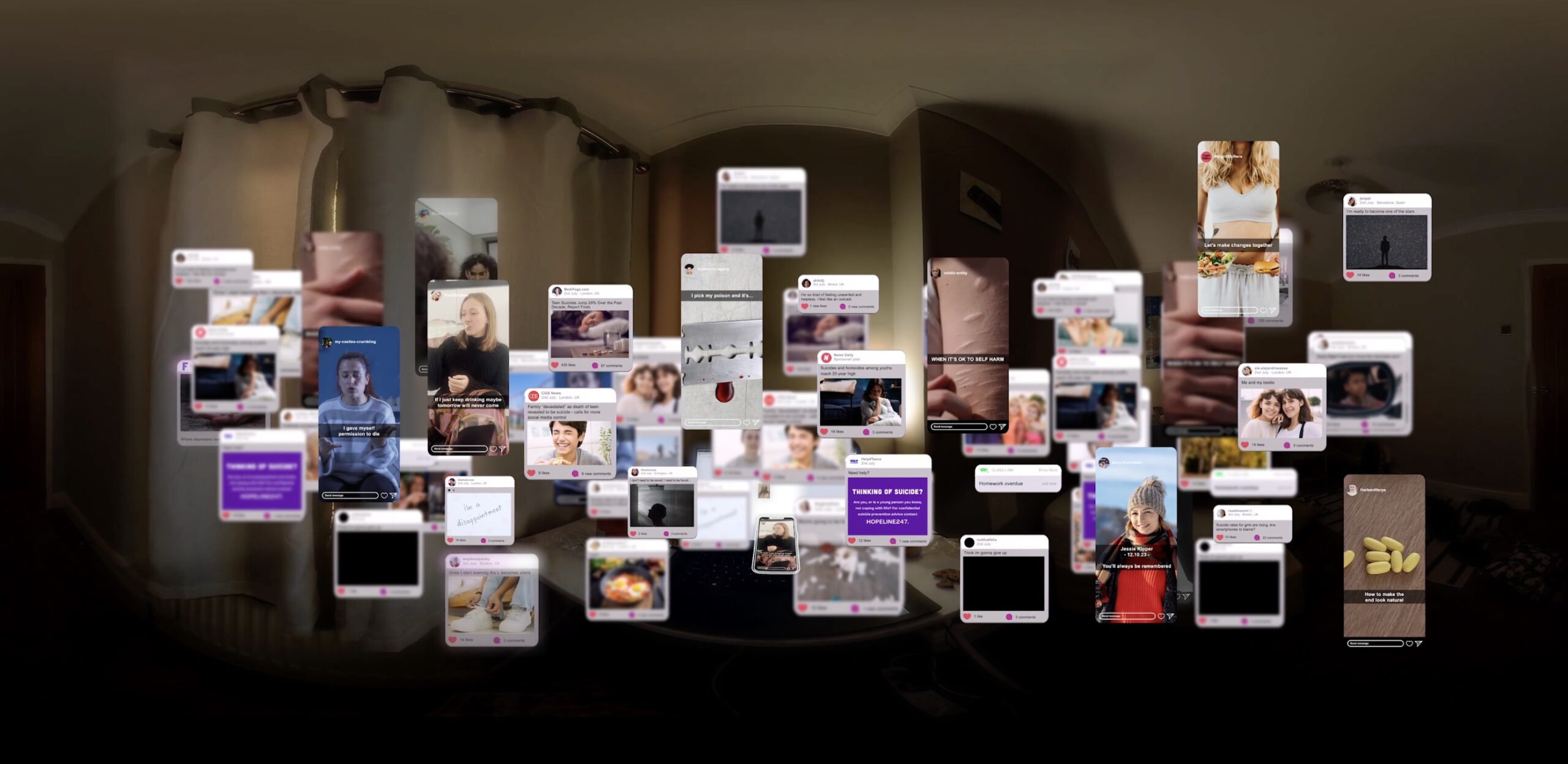 VR film in bedroom with social media pop ups