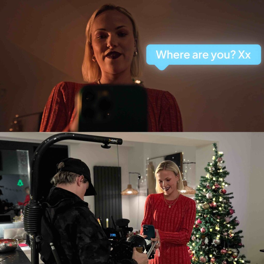 Final shot of girl texting friend on phone vs the set up with the videographer for the perfume shop advert