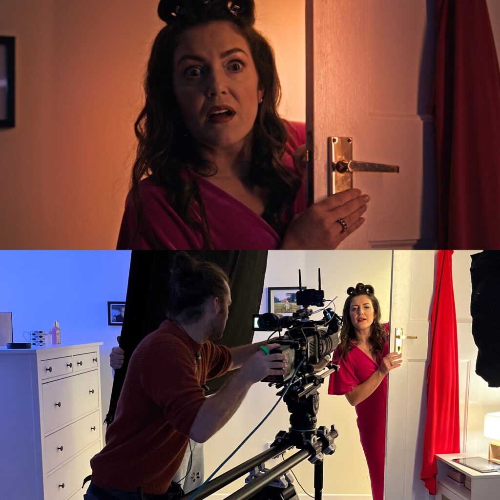 Final shot vs the set up filming a woman in hair rollers peering round bedroom door for the perfume shop advert