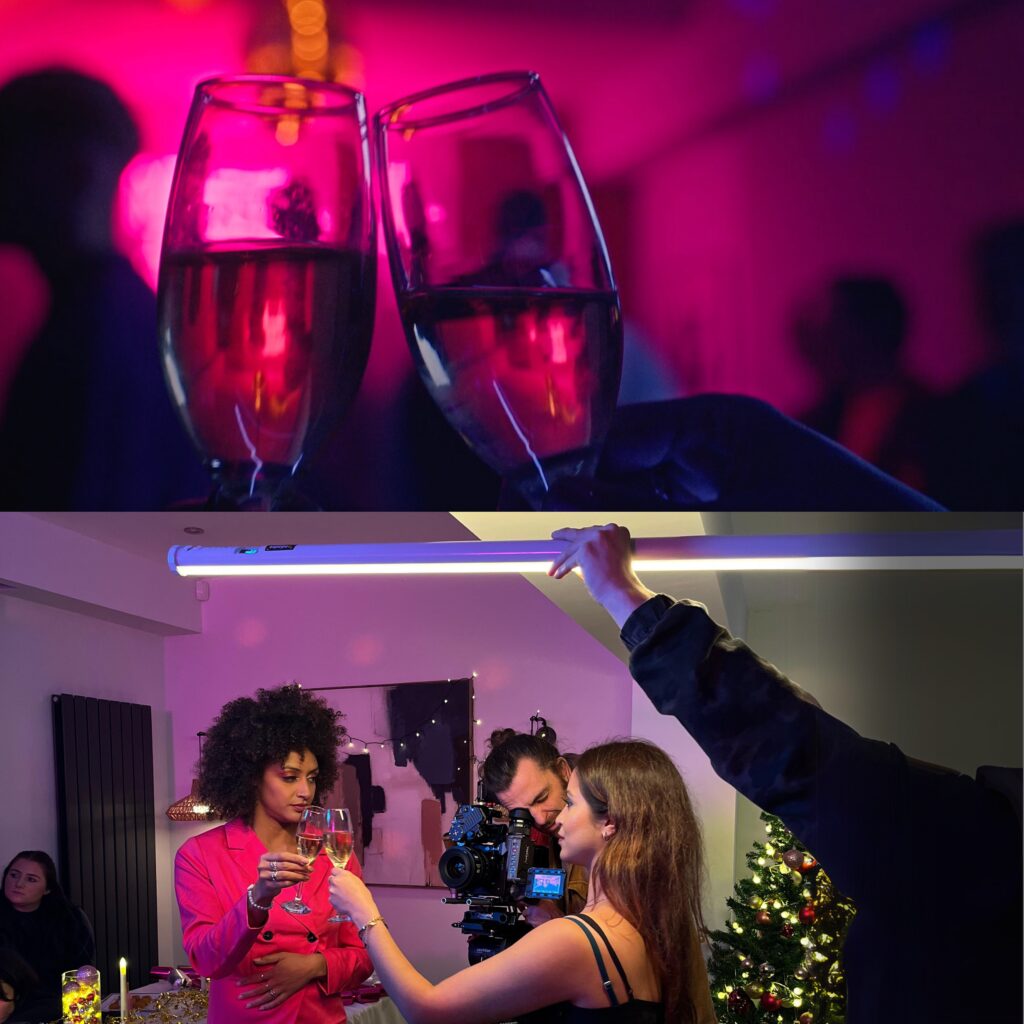 The final shot vs the set up of filming champagne glasses clink at party for the perfume shop advert