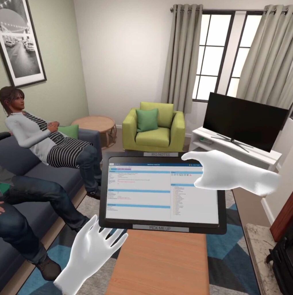 3D hand tapping iPad with patient on sofa