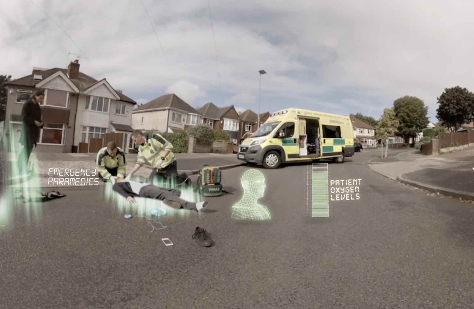 360 shot of paramedics attending to car accident victim with animations showing patient oxygen levels