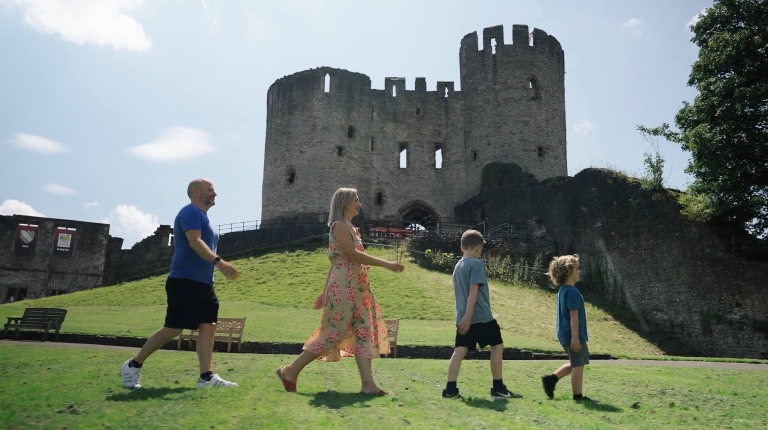 Spark Media Director Danny walking in front of Dudley castle with family for Dudley tourism video