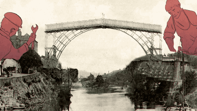 Two illustrated workers building Ironbridge
