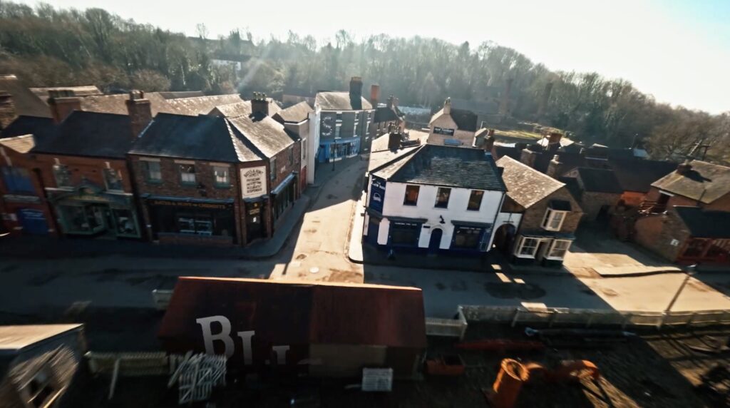 FPV drone shot of Blists Hill Victorian Town Ironbridge