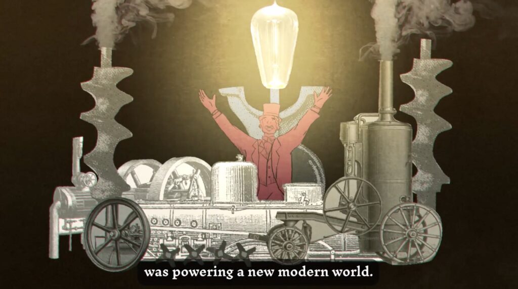 Sketched character with collage style trains and lightbulbs surrounding him. Text reads powering a new modern world.