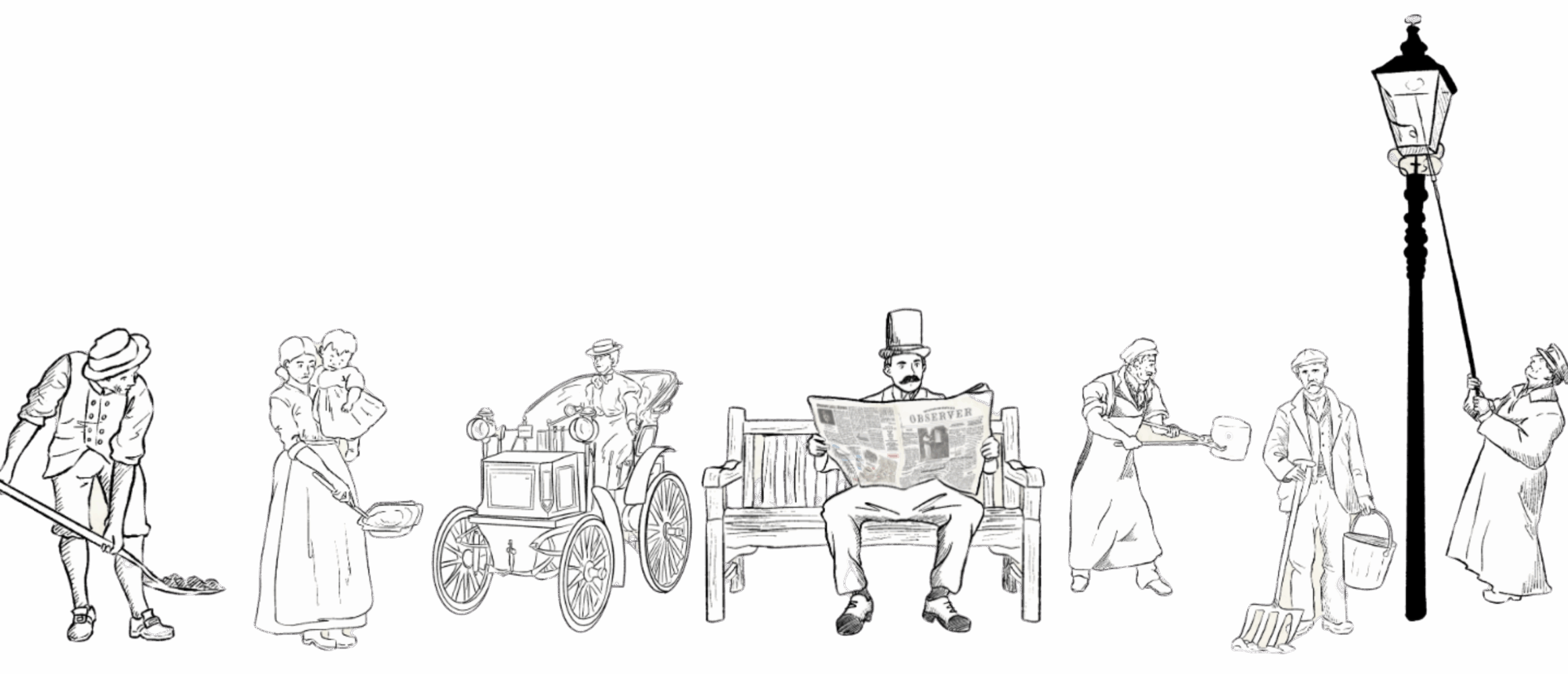 7 Hand-drawn victorian characters doing activities like shovelling, reading, lighting a street lamp and riding a carriage.