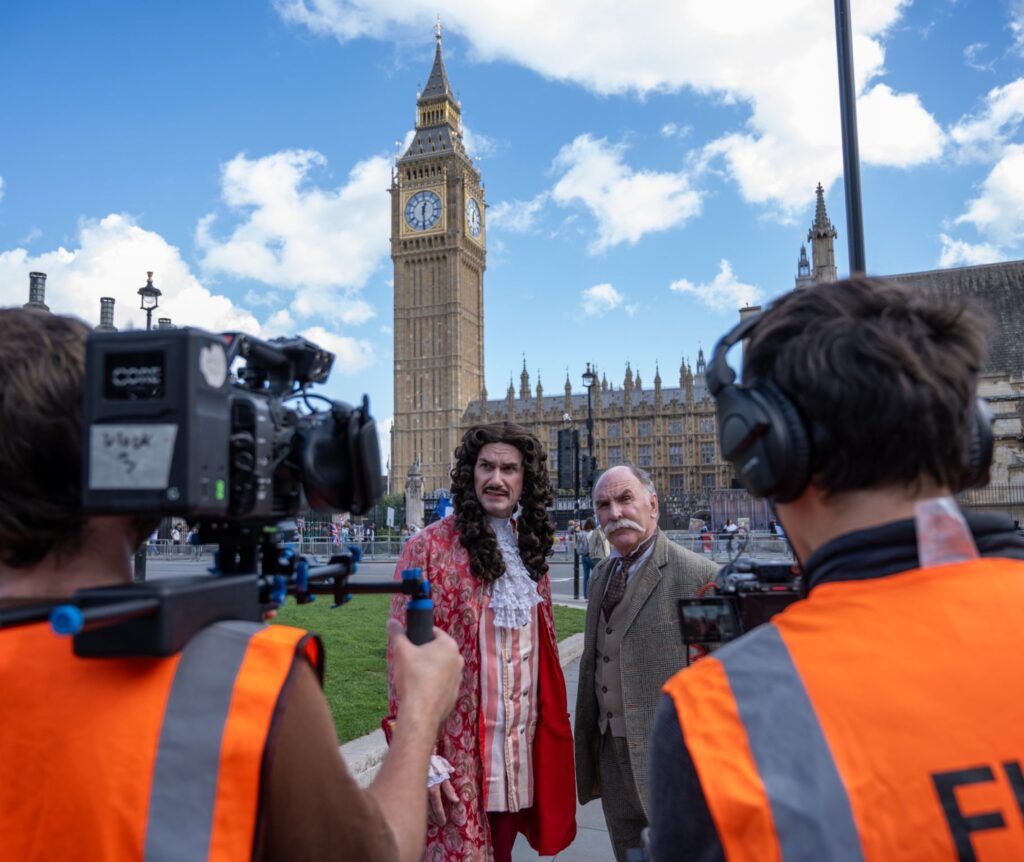 2 Spark camera operators filming King Charles II and Sir Edward Elgar lookalikes in front of Big Ben in London for Historic Worcestershire