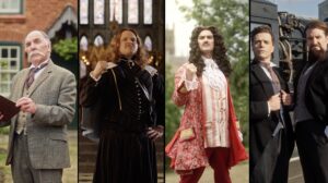 Lookalikes of Sir Edward Elgar, Oliver Cromwell, King Charles II and Lea & Perrins next to each other in hero poses in Historic Worcestershire ad.