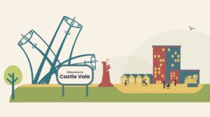 Beige background. Illustrated blue spitfire island, red castle vale statue and red, blue and yellow buildings with silhouettes of people. A green lawn is underneath all of this with a tree on the left. Sign that says Welcome to Castle Vale.