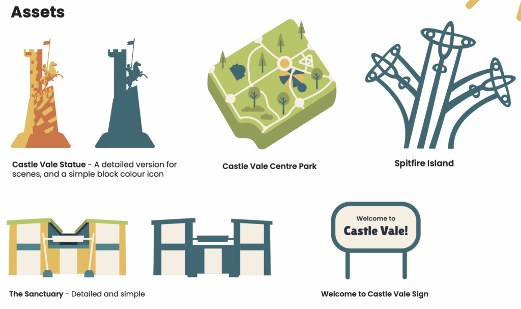 Assets for Powering Up Castle Vale project including the castle vale statue, castle vale centre park, spitfire island, the sanctuary and welcome to castle vale sign.