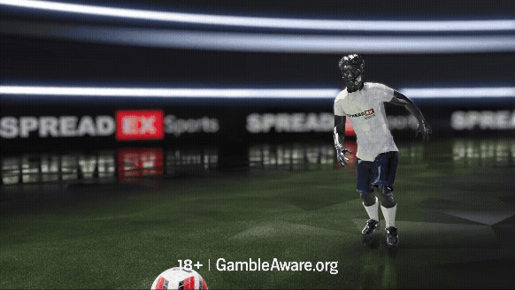 Low poly style CGI animation of football player kicking a football with SpreadEx Sports in the background. Transitions to scene of a person riding a horse and jumping over a fence.