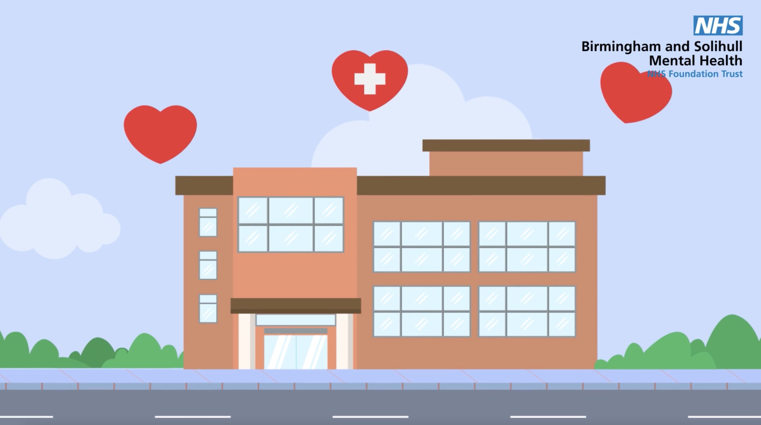 Animation of a NHS Foundation Trust building with 3 hearts. One has a health cross in the middle.