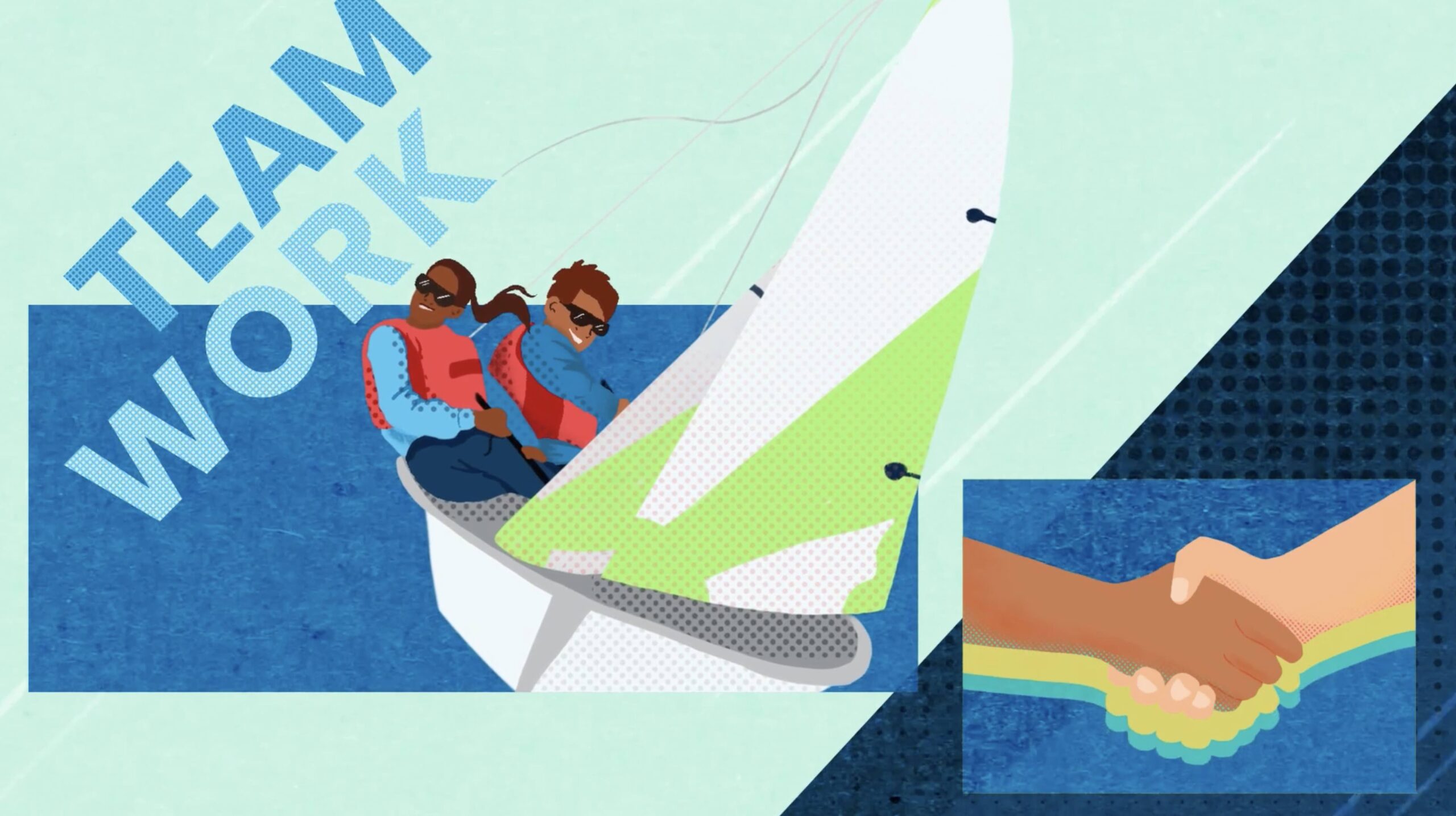 Royal Yachting Association animation. Two young sailors in a sail boat. Text reads: Teamwork. An image of a handshake in the bottom right corner.