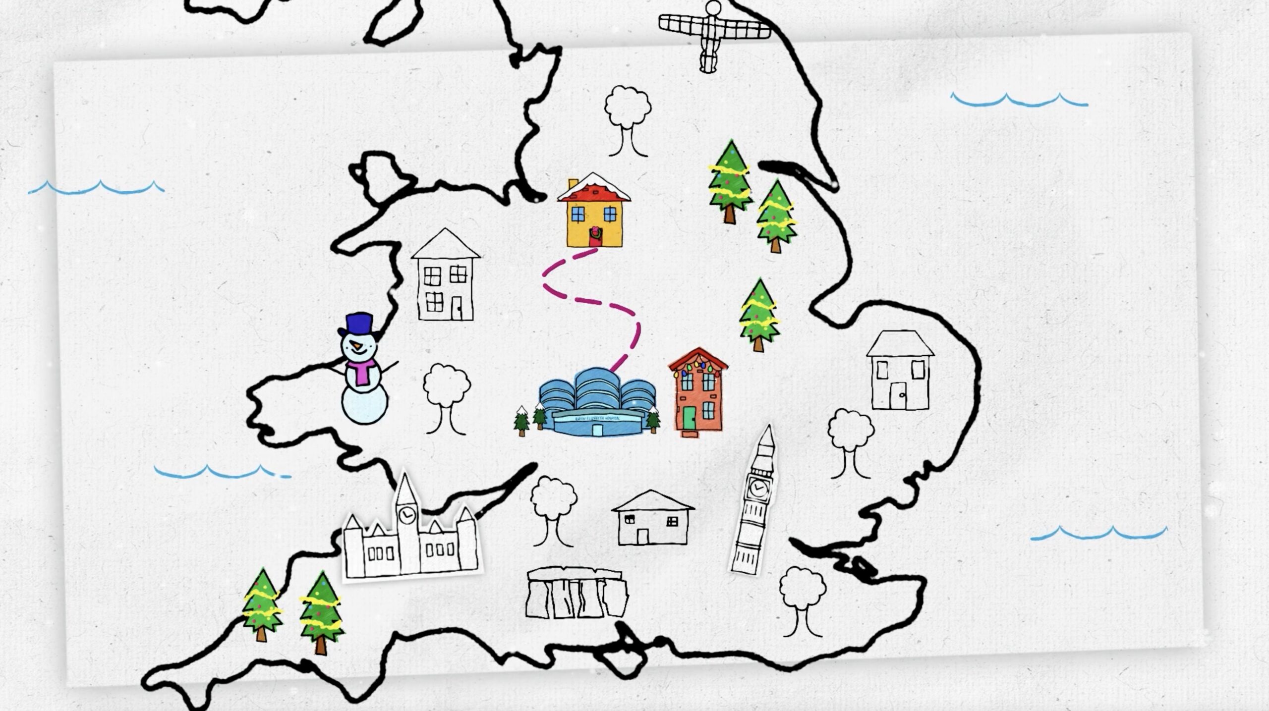 Illustrated map of the UK with University Hospitals Birmingham and a path to a house.