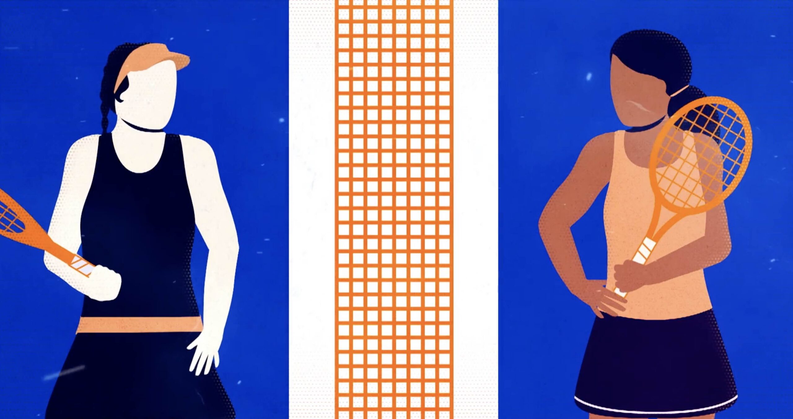 Two illustrated women in tennis gear facing each other holding tennis rackets with an orange net between them. Blue background.