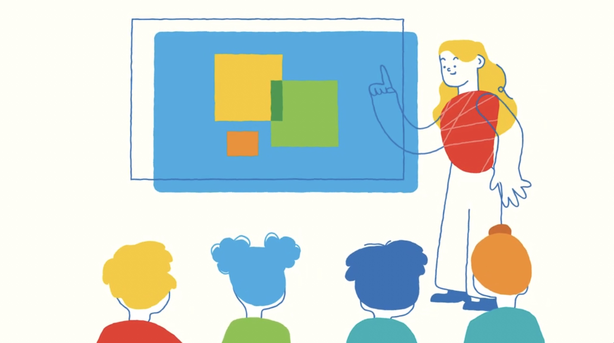 Abstract illustration of teacher next to a board which she is pointing to. We see 4 children in the classroom watching her teach.