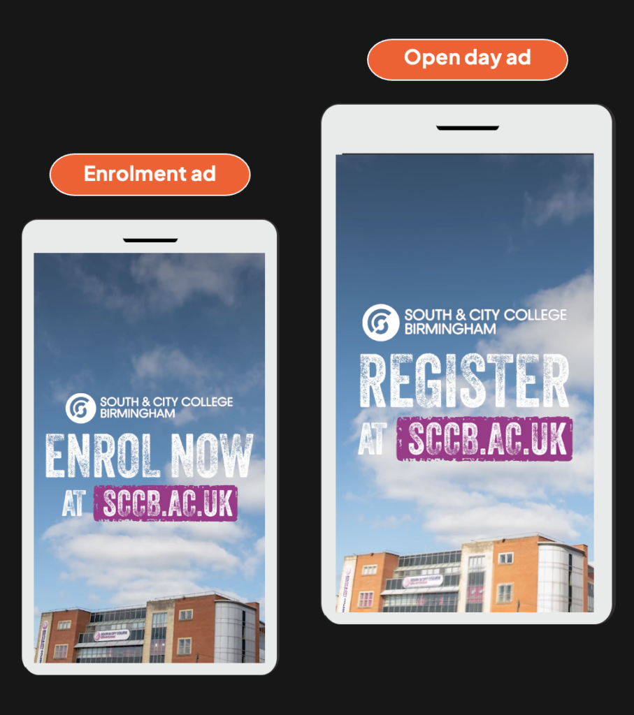Two phones with screenshots of videos on them. One has an end card that says enrol now at sccb.ac.uk. The other says register at sccb.ac.uk.