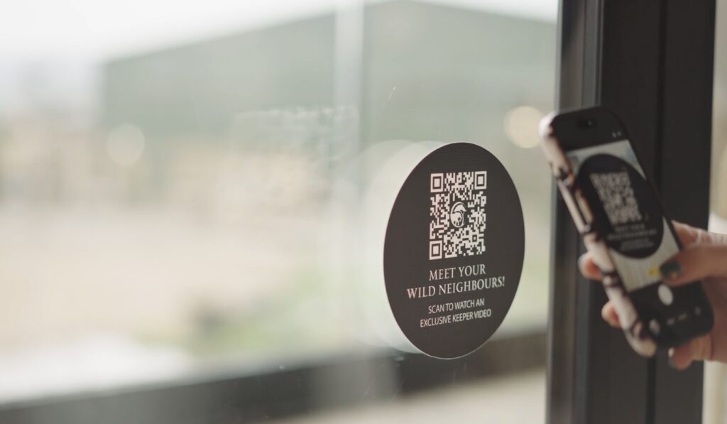 Phone taking a photo of a qr code sticker on a window.