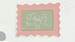 White line drawing of 3 family members holding dog inside green picture frame with pink curvy edges.