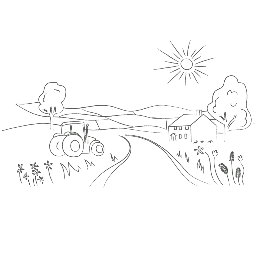 Black pencil illustration of tractor on a farm with the sun shining.