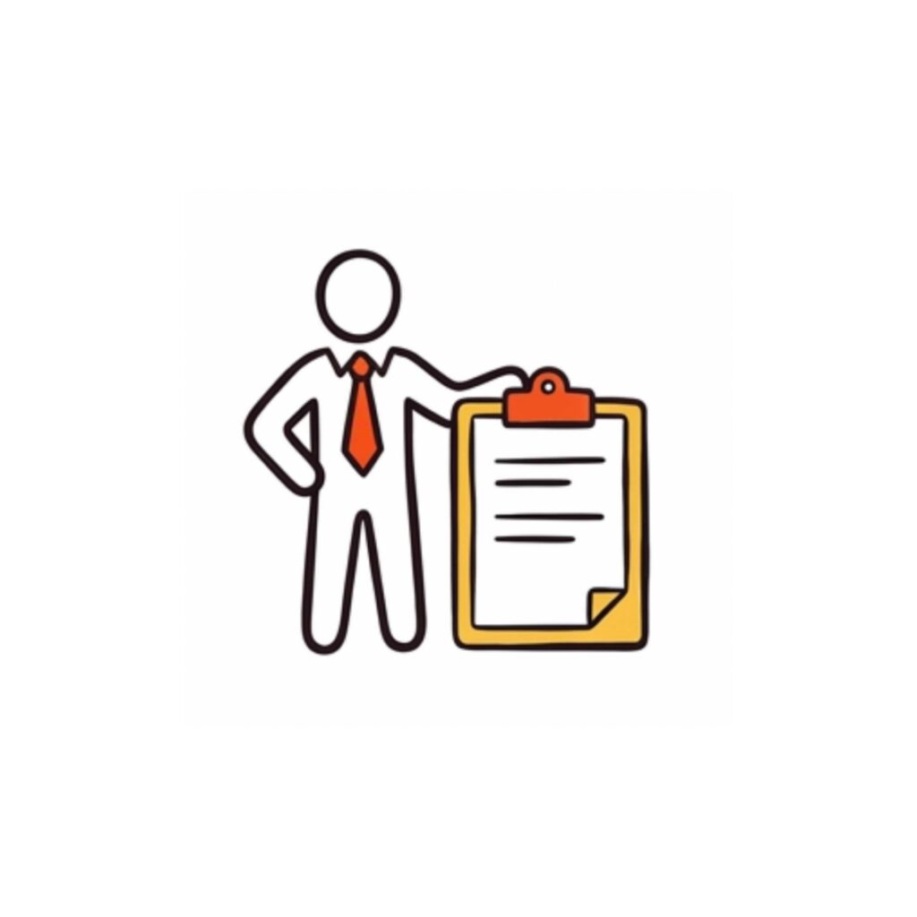 Icon of stick figure in corporate suit with orange tie holding clipboard