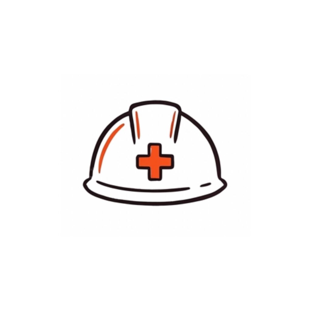Hard hat line drawing with orange medical cross on it