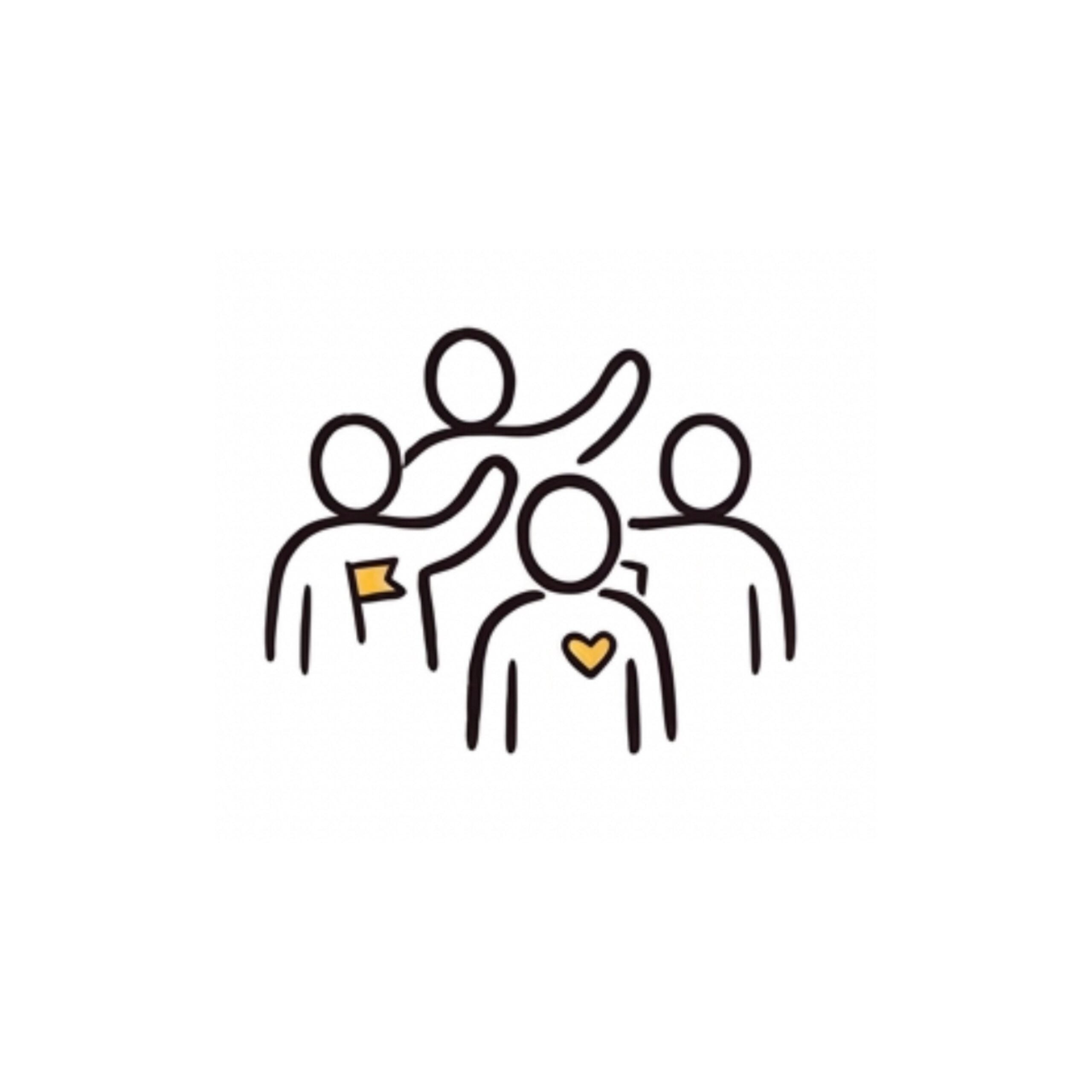 Four stick figure volunteers with yellow hearts