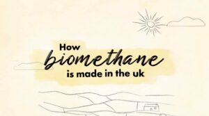 Yellow watercolour background with black calligraphy text that reads 'How biomethane is made in the UK'. There are faint black pencil illustrations of a sun and clouds in the right corner and fields at the bottom.