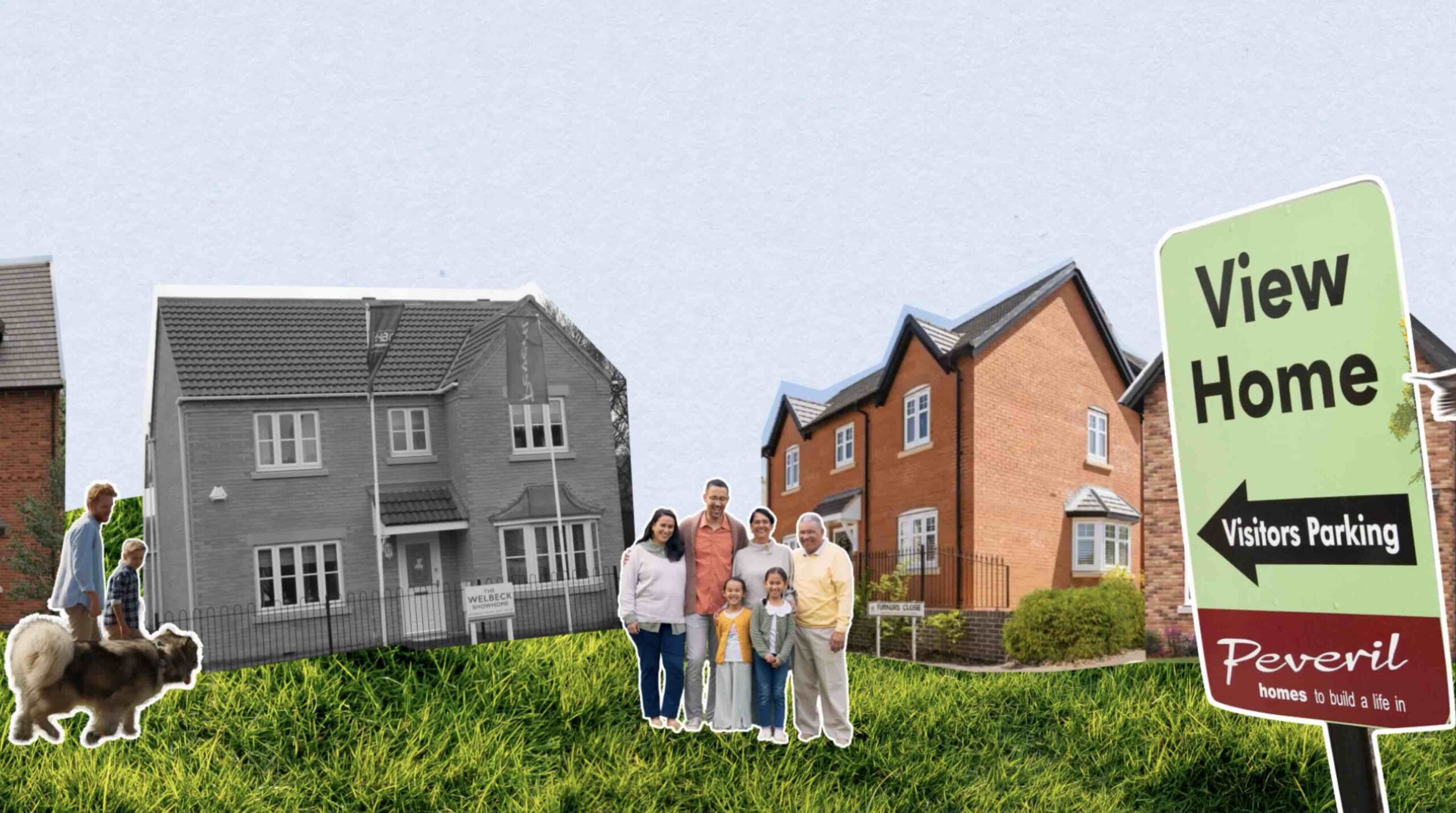 Collage animation style showing cutouts of houses and people moving into them. Cutout of sign reads 'View Home. Visitors Parking. Peveril homes to build a life in'.