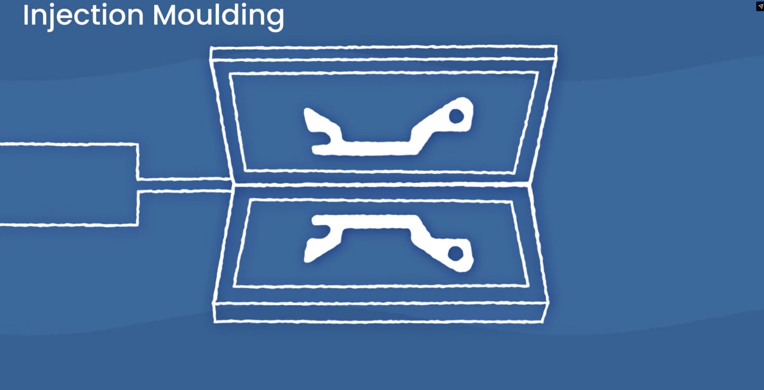 White illustration on blue background of injection moulding.