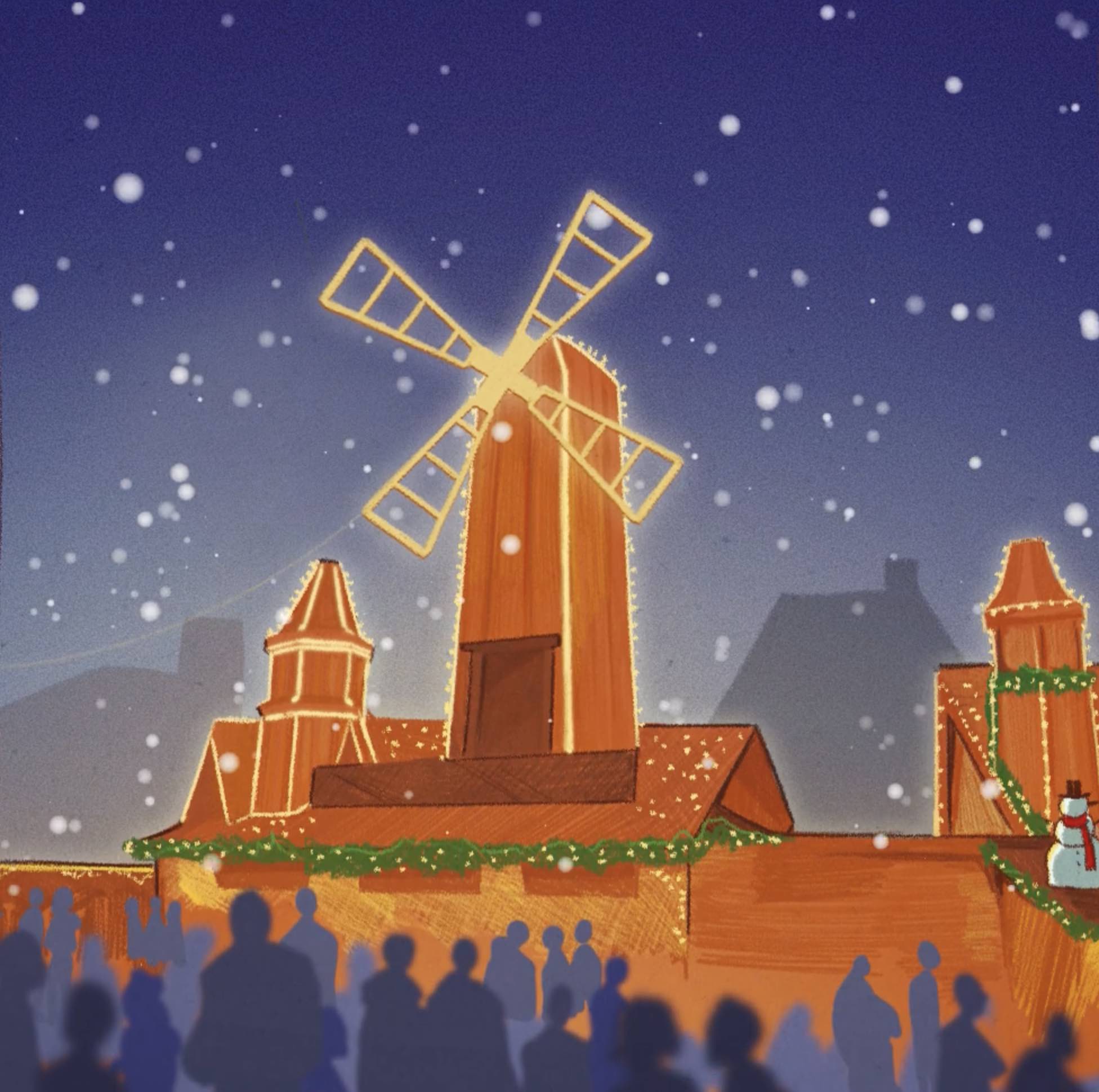 Illustrated drawing of Birmingham Christmas market brown windmill against a starry night sky.