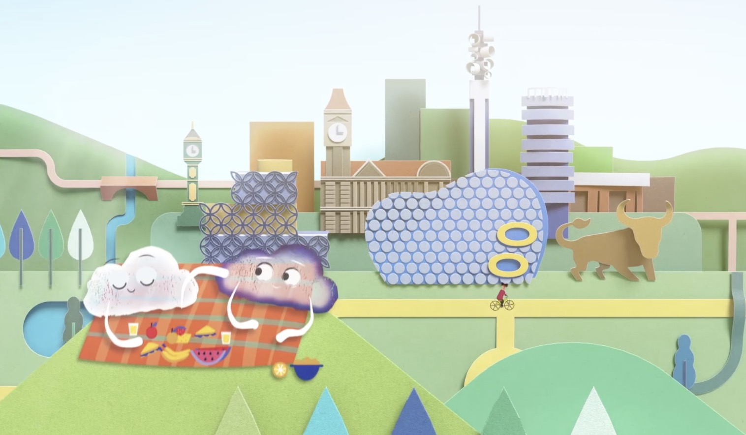 Two animated cloud characters, one happy cloud and one pollution cloud sit on a picnic blanket overlooking an animated view of Birmingham city centre