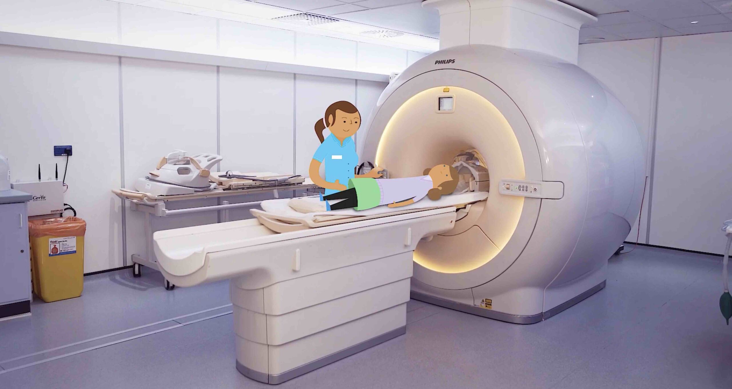 Animated female doctor character putting animated patient into a live action MRI machine.