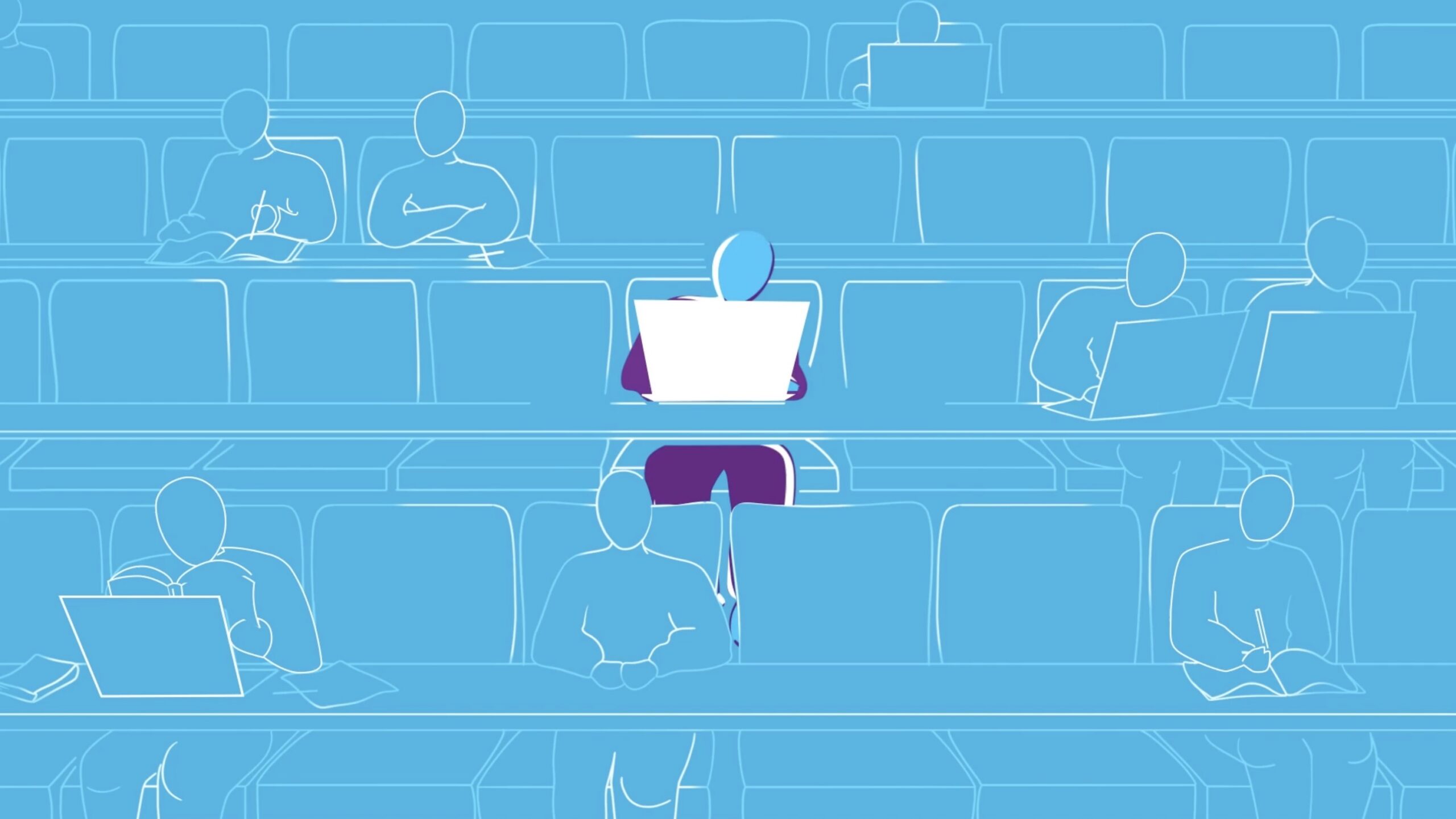 line drawn character sitting in lecture hall with laptop. Background is sky blue. The character stands out wearing purple.