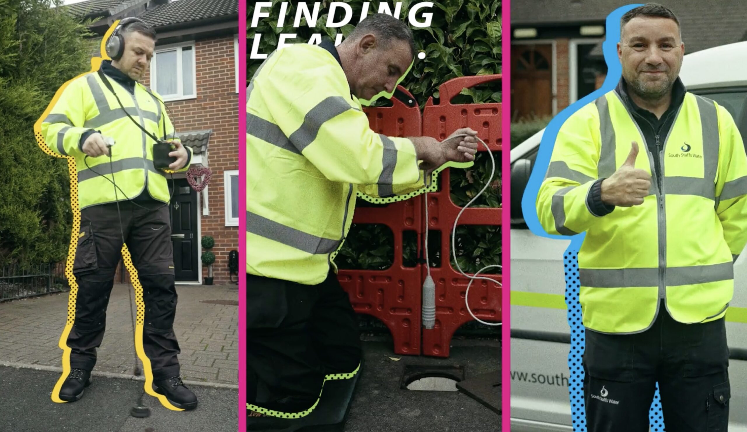 Three engineers with different coloured animated outlines.