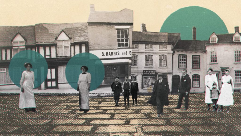 Collage black and white cutouts of Droitwich's wonky high street and people wandering along it. Green dot accents in the background.