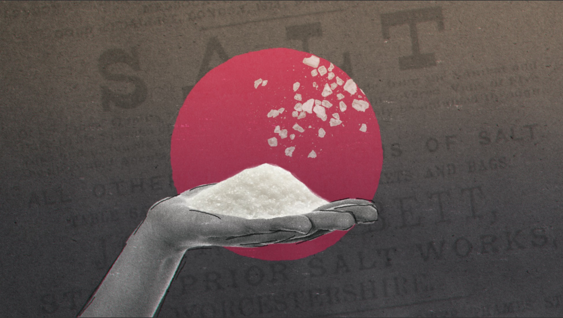 Hand holding a pile of salt. Pink dot in the background.