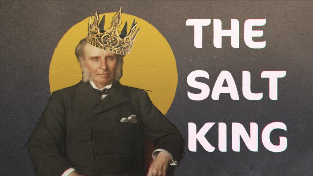 Man wearing a crown. Yellow dot in the background. Words one the right say 'The Salt King'.