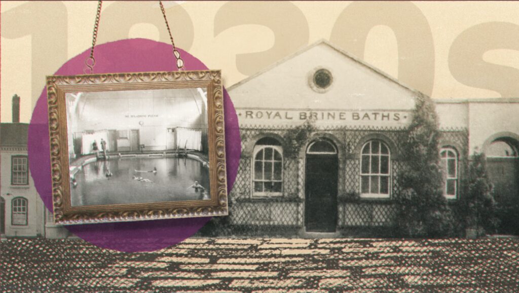 Collage black and white cutout of the Royal Brine Baths building. A framed photo is hanging on the left with a pink dot behind it. Inside the photo frame is a black and white photo of inside the Brine Baths. Text in the background reads 1830s.