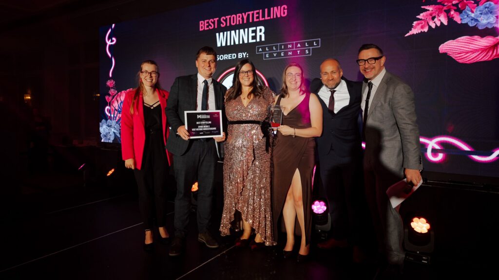 Georgia, Scott and the Visit Worcestershire Team holding plaque for Best Storytelling Winnner at the Midlands Marketing Awards.